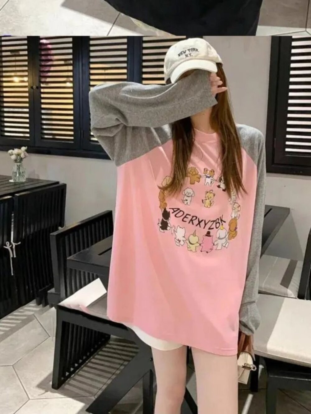Pink Gray Puppy Graphic Oversized Long Sleeve T-Shirt